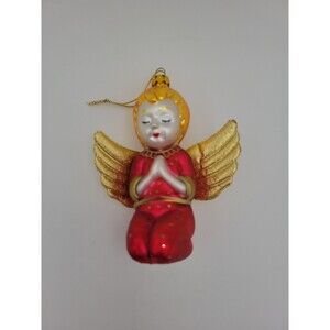 Vintage Glass Praying Angel Ornament With Gold Cloth Wings
